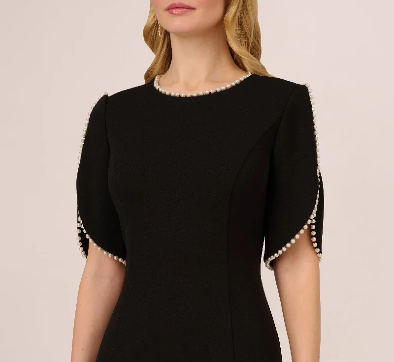 Crepe Midi Length Sheath Dress With Pearl Trimmed Sleeves In Black