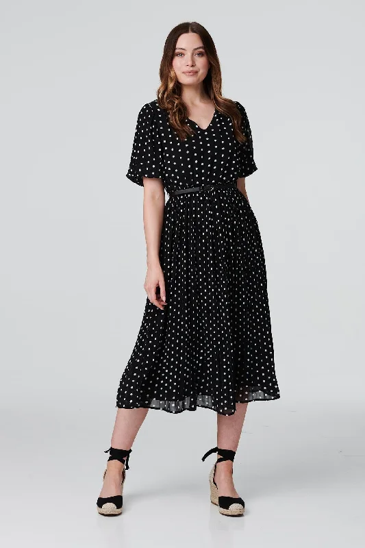 Polka Dot Pleated Midi Dress