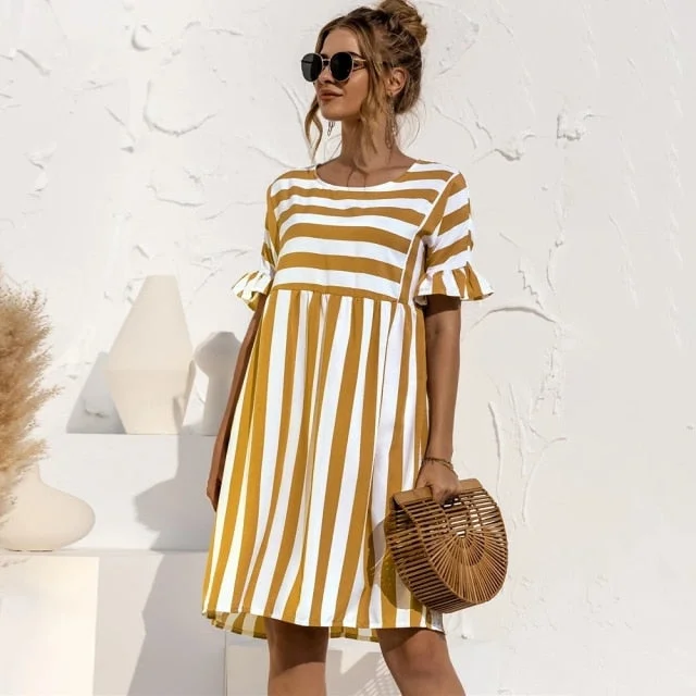 Amy Fashion - Elegant Ruffle Sleeve Striped Patchwork Dresses