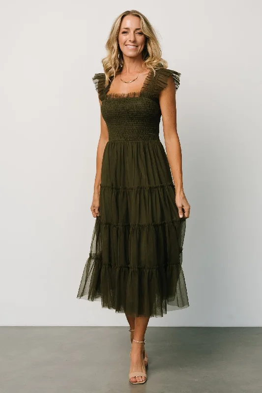 Emma Smocked Tulle Dress | Dark Olive