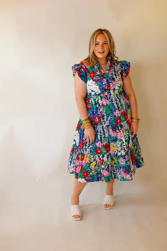 Last Chance Size Small | Magnolia Morning Floral Ruffle Cap Sleeve Tiered Midi Dress in Blue