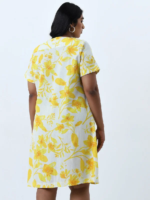 Gia Yellow Floral Printed Straight Cotton Blend Dress