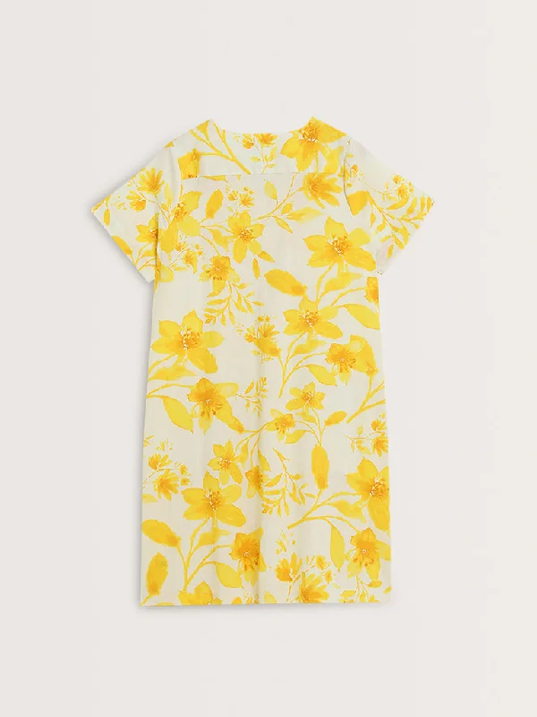 Gia Yellow Floral Printed Straight Cotton Blend Dress