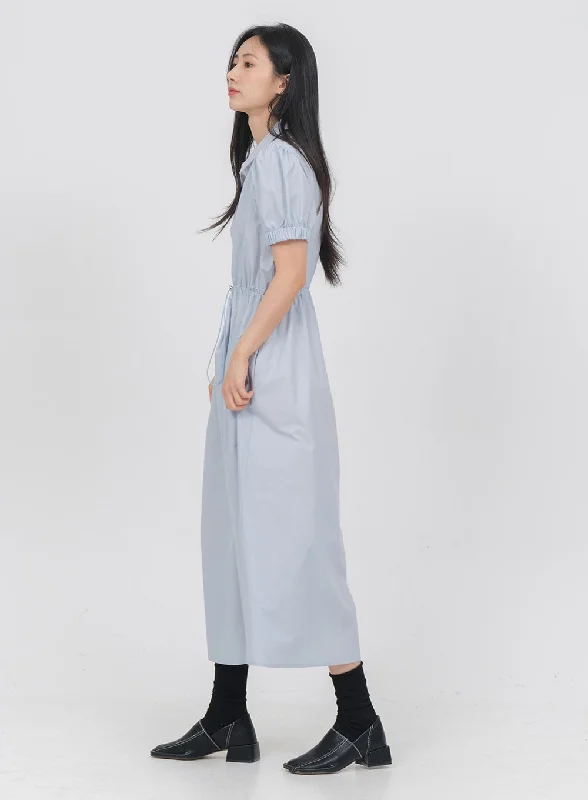 Half Zip-up Collared Drawstring Waist Maxi Dress OA06