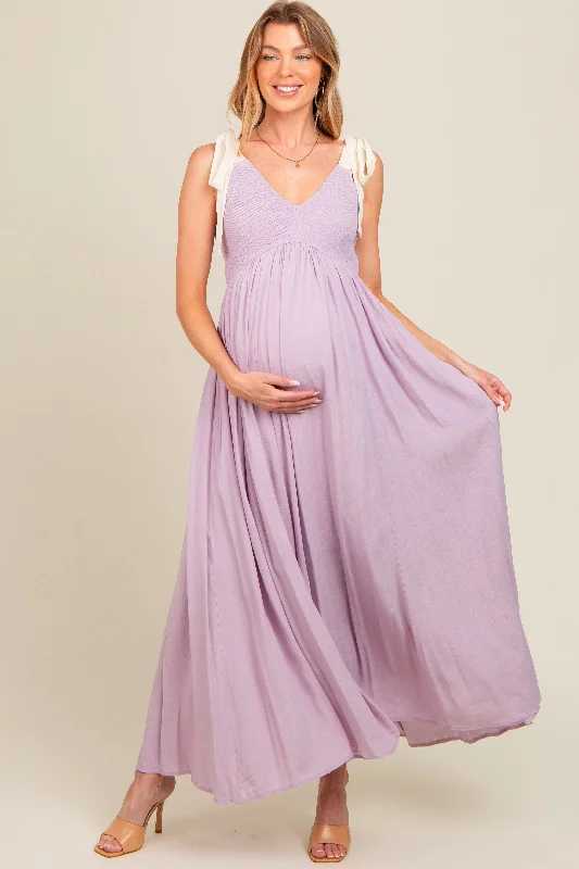 Lavender Contrast Shoulder Tie Smocked Maternity Maxi Dress