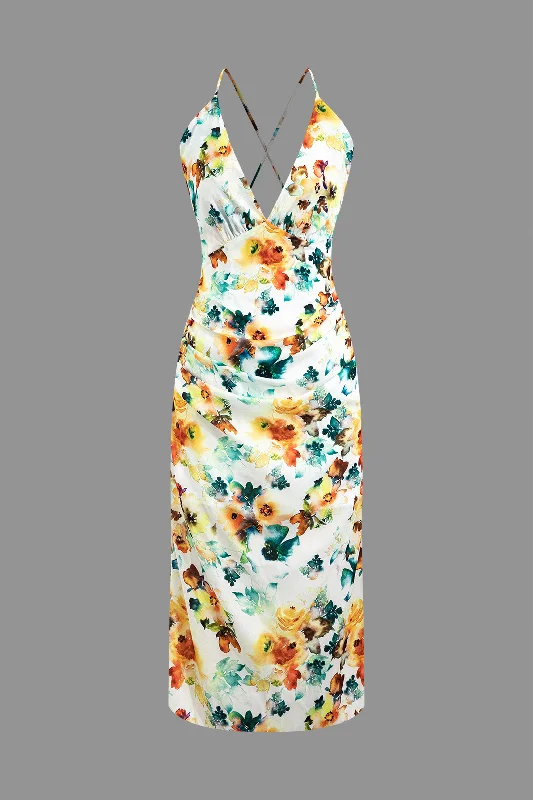 Floral Print Backless Criss Cross V-neck Midi Dress