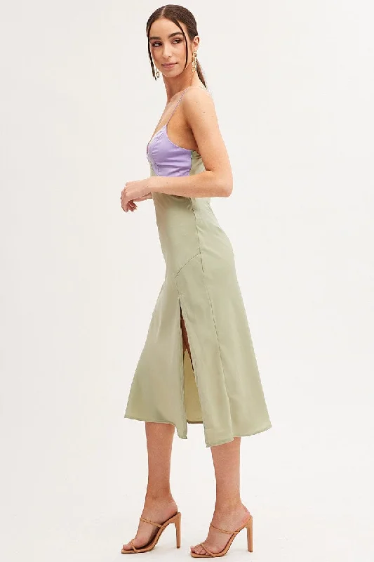 Multi Slip Dress Midi V Neck Colour Block Satin