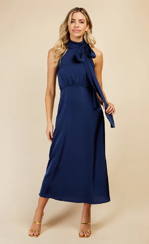 Navy Satin Halter Tie Midaxi Dress