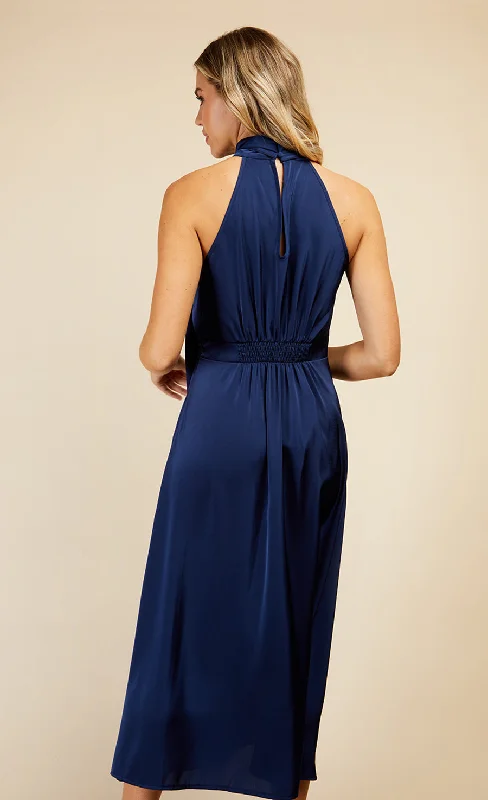 Navy Satin Halter Tie Midaxi Dress