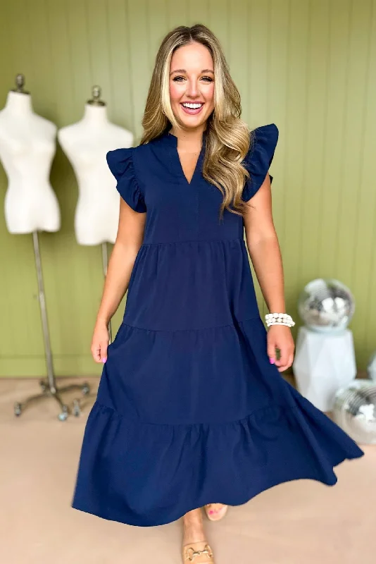 Navy V Neck Flutter Sleeve Tiered Midi Dress