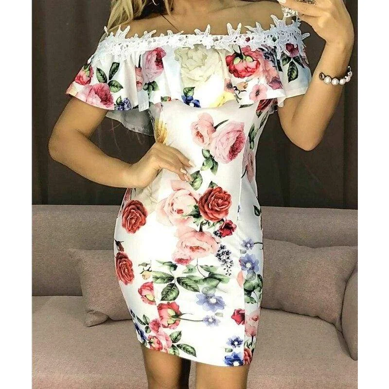 FashionSierra - New Fashion Women Dresses Floral Print Off Shoulder Dress Ruffles Slash neck Sexy Summer Beach Bodycon Mini Sundress