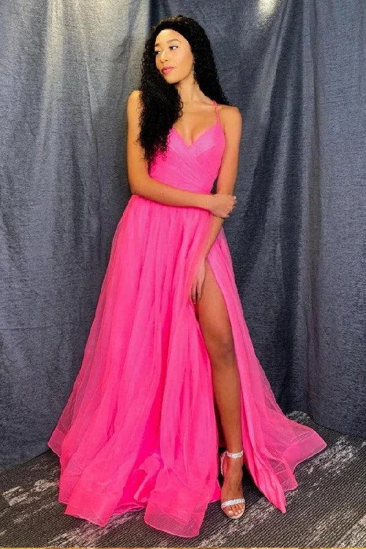 A Line V Neck Hot Pink Tulle Prom Dresses Formal Dresses PSK170