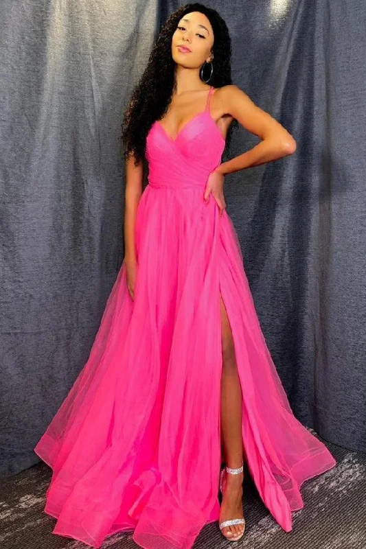 A Line V Neck Hot Pink Tulle Prom Dresses Formal Dresses PSK170