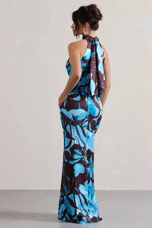 Adoria | Floral Print Satin High-Neck Maxi Dress