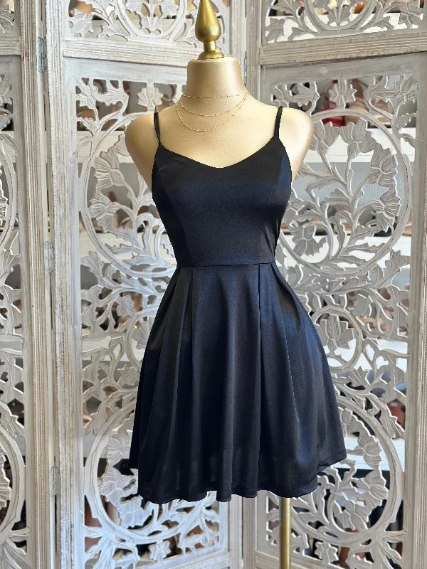 Black Satin Strappy Fit and Flare Dress-Stretchy