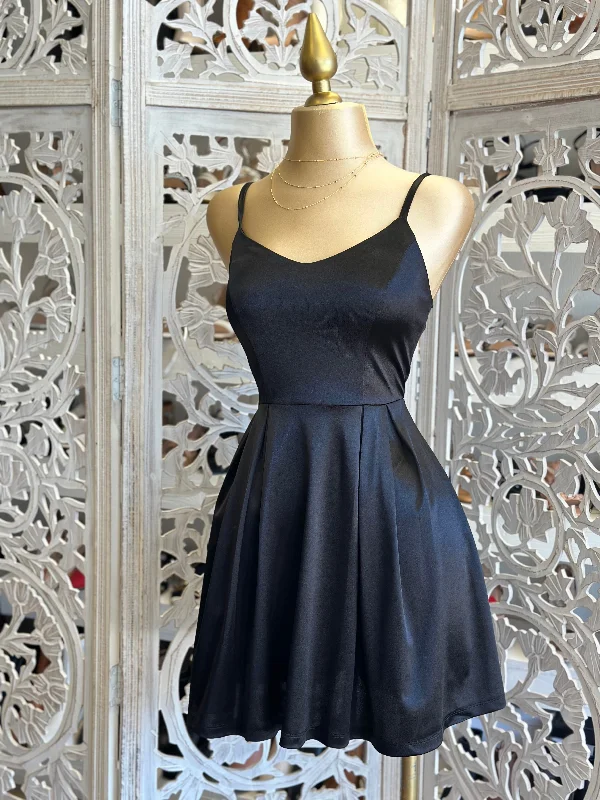 Black Satin Strappy Fit and Flare Dress-Stretchy