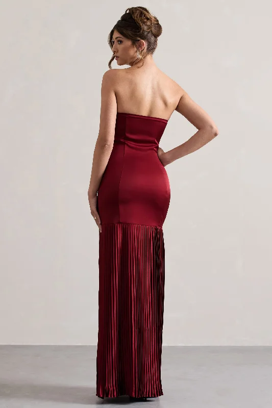 Confidence | Burgundy Satin Bandeau Pleated Split Maxi Dress