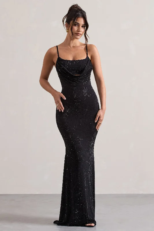 Costella | Black Embellished Strappy Cowl-Neck Maxi Dress