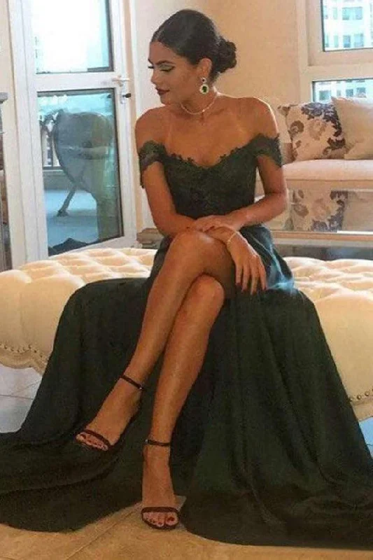 Dark Green Prom Dresses Off-the-shoulder Split Evening Dresses PSK172