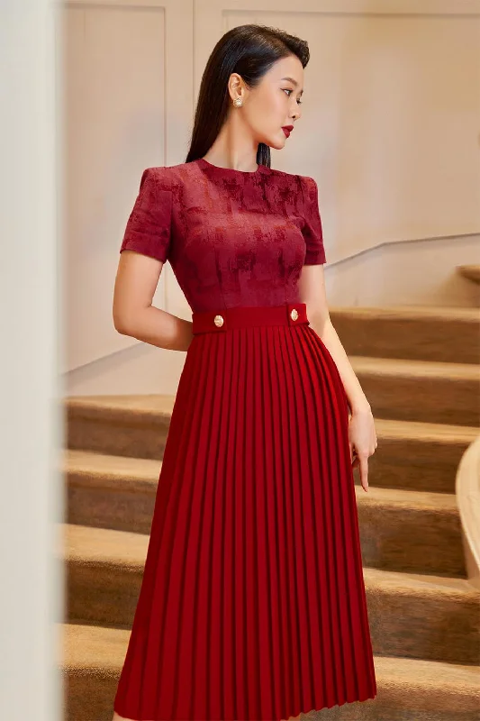 Gabriella Pleated Round Neck Punto Midi Dress