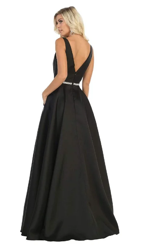 May Queen - MQ1683 Illusion Plunging Neck Sleeveless Satin A-Line Gown