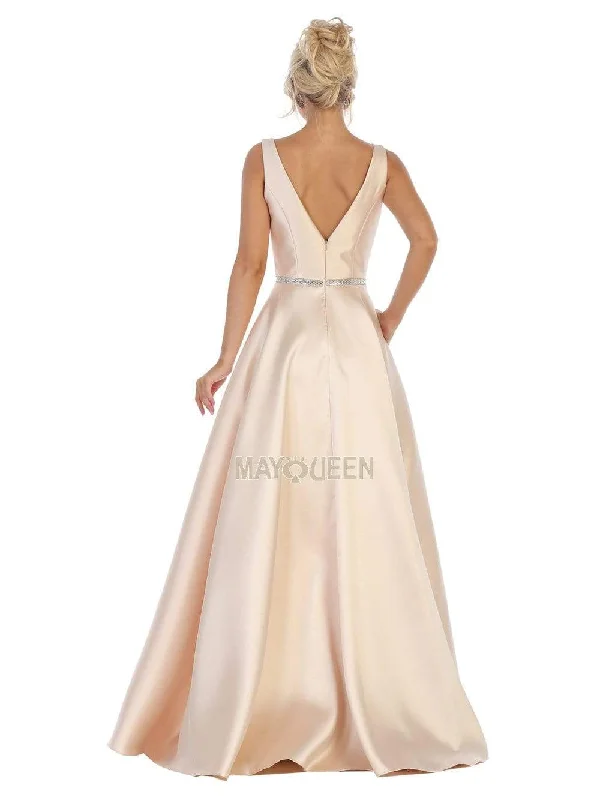 May Queen - MQ1683 Illusion Plunging Neck Sleeveless Satin A-Line Gown