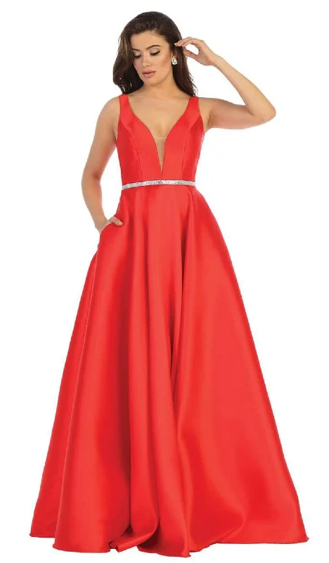 May Queen - MQ1683 Illusion Plunging Neck Sleeveless Satin A-Line Gown