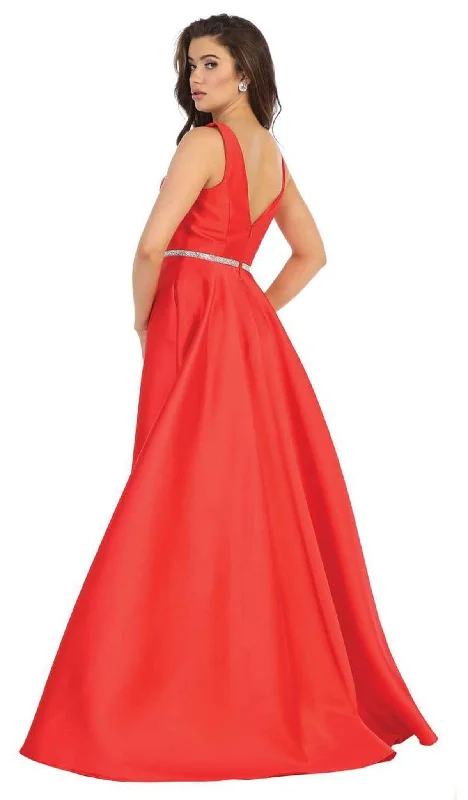 May Queen - MQ1683 Illusion Plunging Neck Sleeveless Satin A-Line Gown