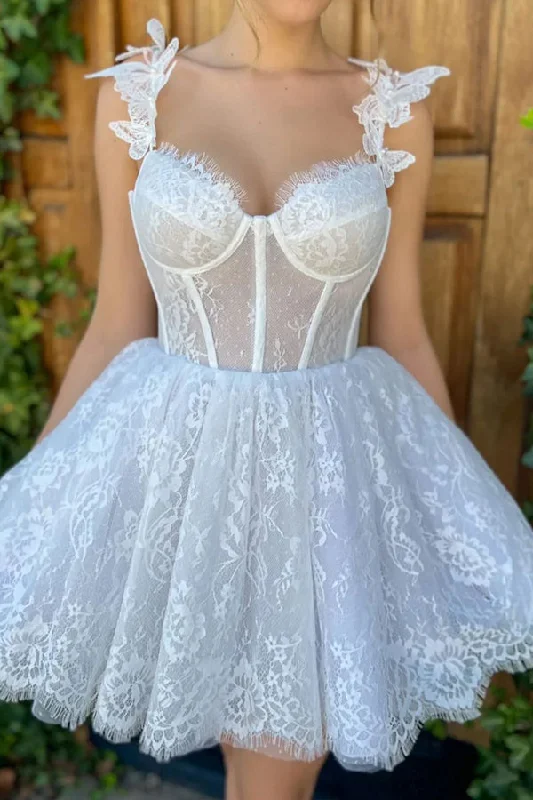 Mini White Homecoming Dress Lace Short Prom Dress  PD519