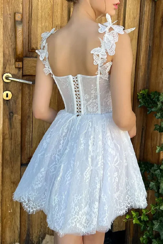 Mini White Homecoming Dress Lace Short Prom Dress  PD519