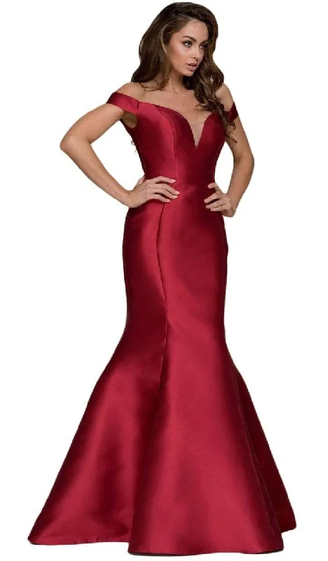 Nox Anabel Plunge Detailed Off Shoulder Mikado Trumpet Gown C004 - 1 pc Burgundy in Size XL Available