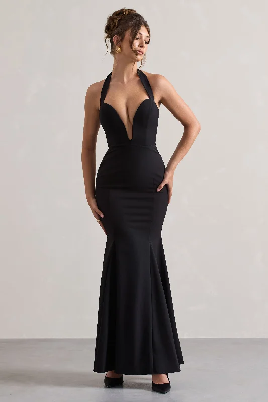 Plaza | Black Plunge Halter-Neck Fishtail Maxi Dress