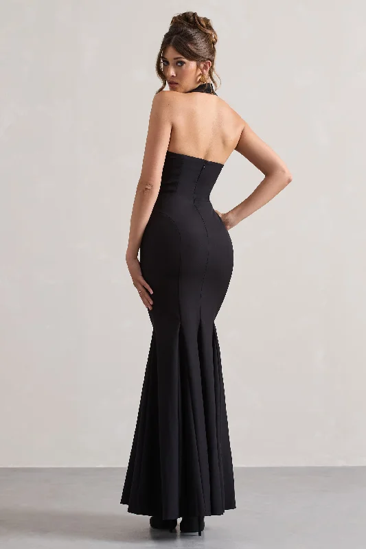 Plaza | Black Plunge Halter-Neck Fishtail Maxi Dress