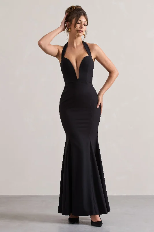 Plaza | Black Plunge Halter-Neck Fishtail Maxi Dress