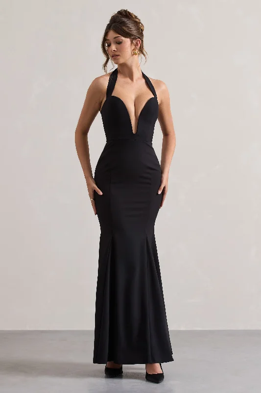 Plaza | Black Plunge Halter-Neck Fishtail Maxi Dress