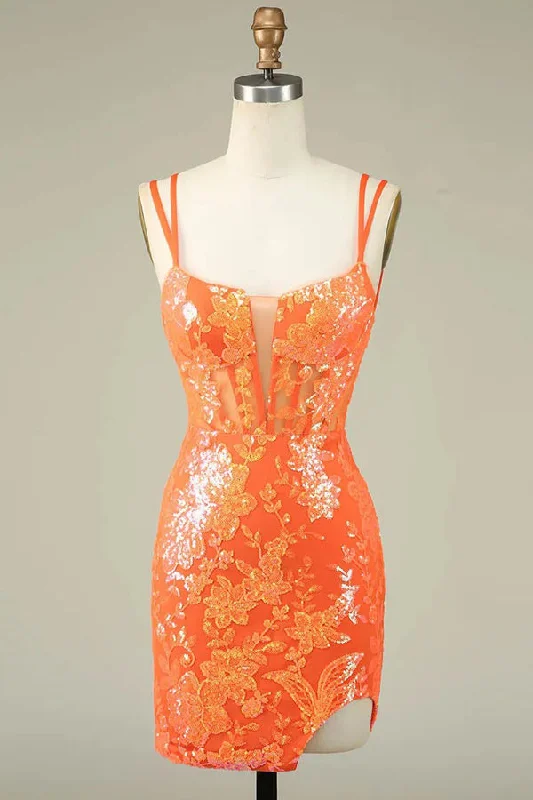 Spaghetti Straps Tight Orange Homecoming Dress Short Prom Dress PD525