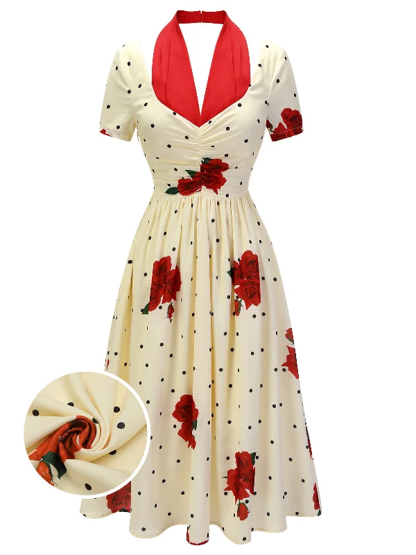 [Pre-Sale] Beige 1930s Polka Dot Rose Patchwork Dress