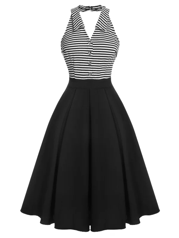 Black 1950s Stripe Lapel Halter Patchwork Dress