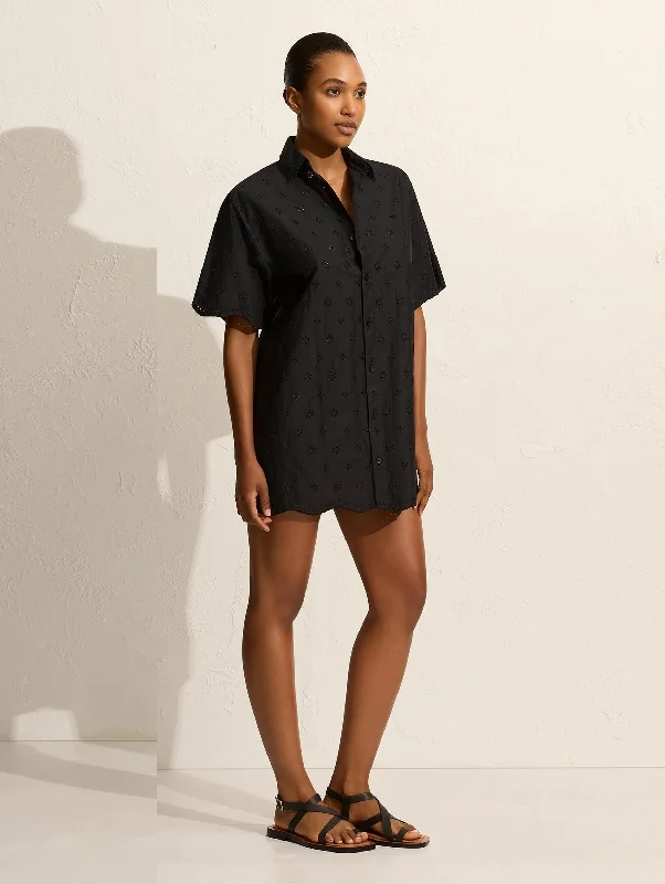 Broderie Mini Shirt Dress in Black