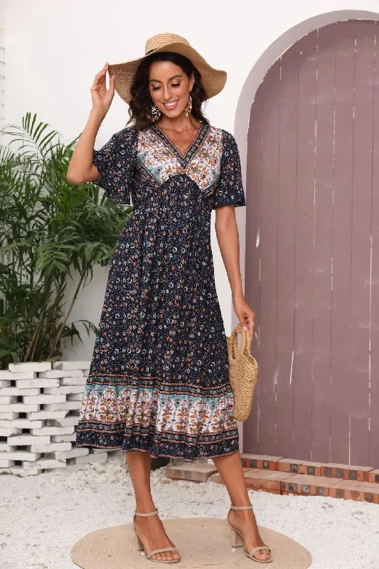 FashionSierra-Casual  Short Sleeve  Maxi  Women  Summer  2024  Vintage  Deep V  Floral Print  Beach Wear  Loose  Vestidos Boho Dress