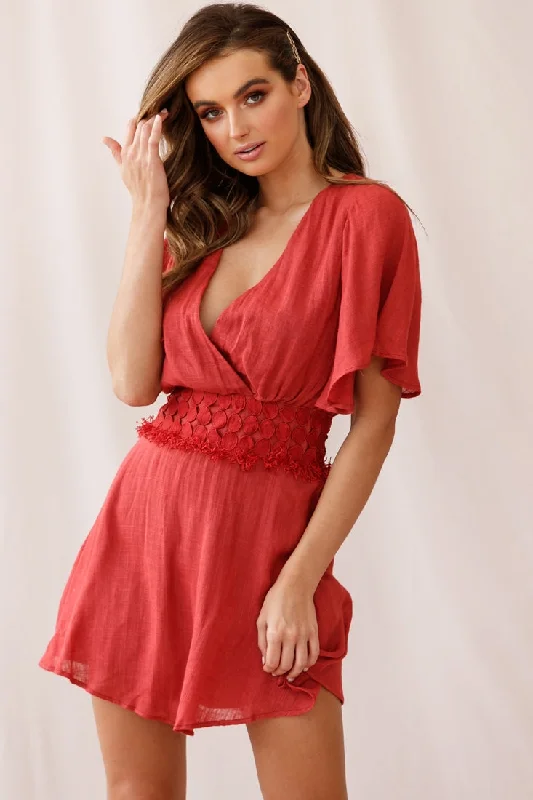 Fate Angel Sleeve Embroidery Trim Dress Rose