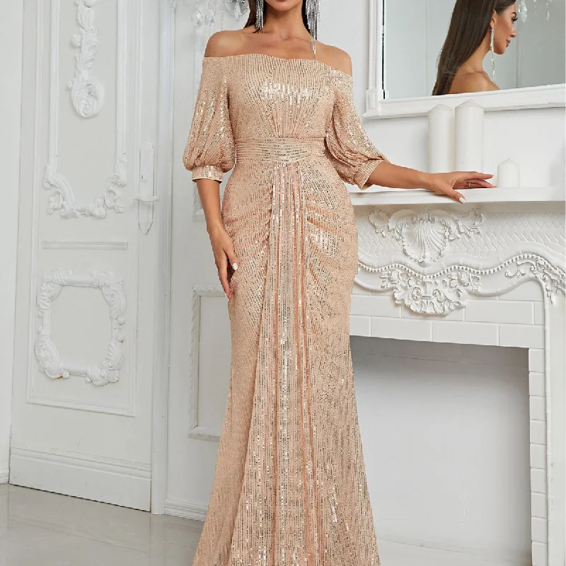 NiDELL European and American Style Dress off-Shoulder Sequined Short Sleeve Elegant Evening Dress Hip-Wrapped Senior Fishtail Dress-Mgw462