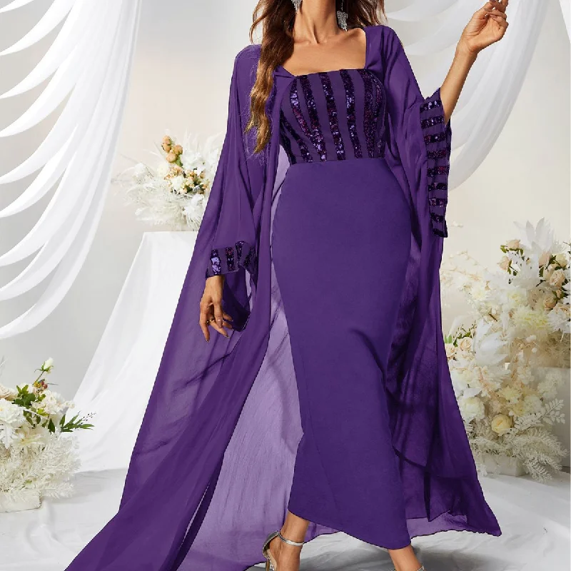 NiDELL New Mid-East Wind Evening Dress Elegant Chiffon Patchwork Sequin Cloak Prom Evening Long Dress-SSW3044-3