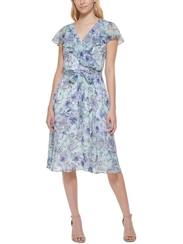 Petites Womens Chiffon Floral Fit & Flare Dress