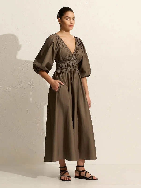 Shirred Plunge Button Dress in Birch