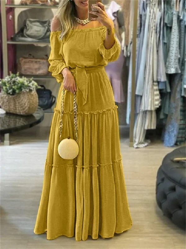 Summer Lace-up Ruffle Bohemian Sexy Strapless Long Dresses Women's Dresses