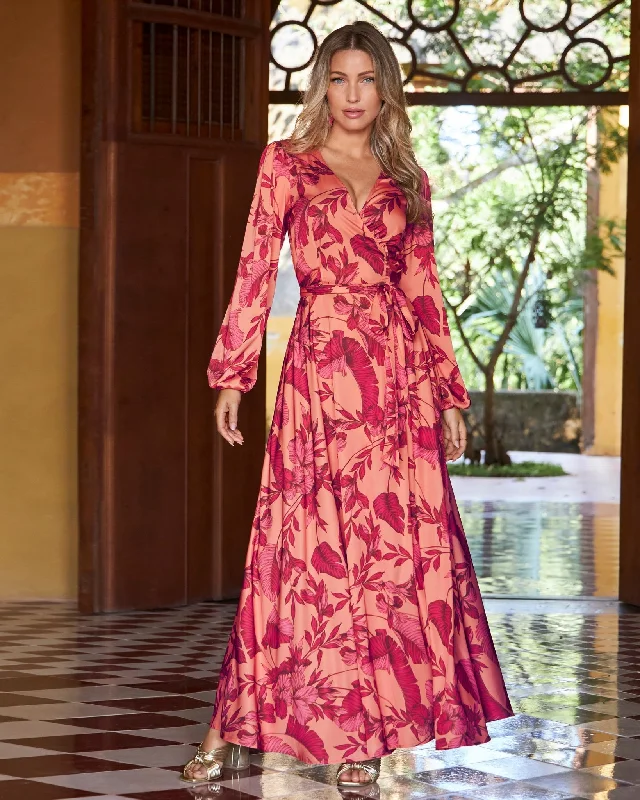 Tropical Nights Print Wrap Maxi Dress Pink