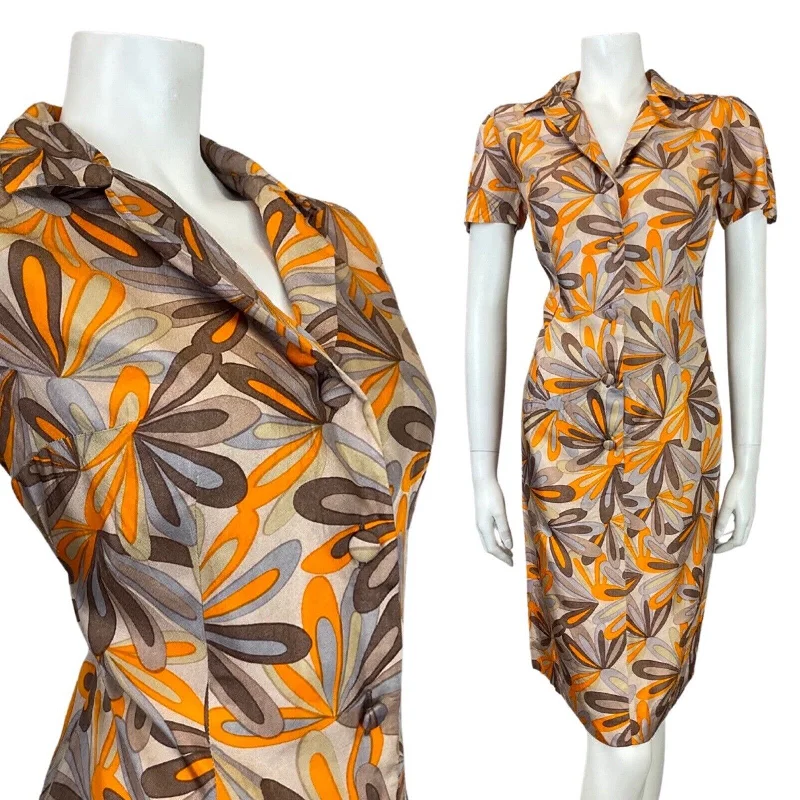 VINTAGE 60s 70s BROWN ORANGE BEIGE PSYCHEDELIC FLORAL SHIRT DRESS 12 14