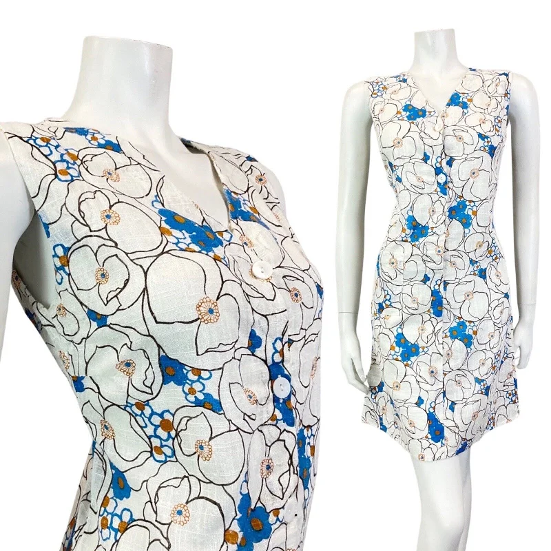 VINTAGE 60s 70s CREAM BLUE BLACK FLORAL PSYCHEDELIC MOD SLEEVELESS DRESS 8 10