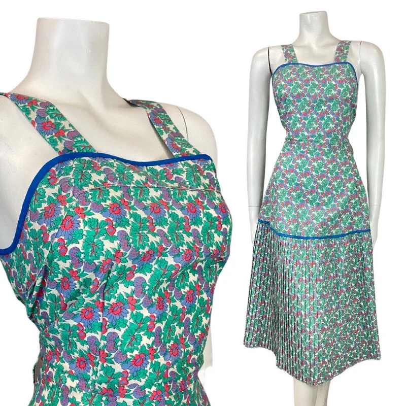 VINTAGE 60s 70s GREEN BLUE RED LEAFY FLOWER BERRY PLEATED APRON SUN DRESS 8